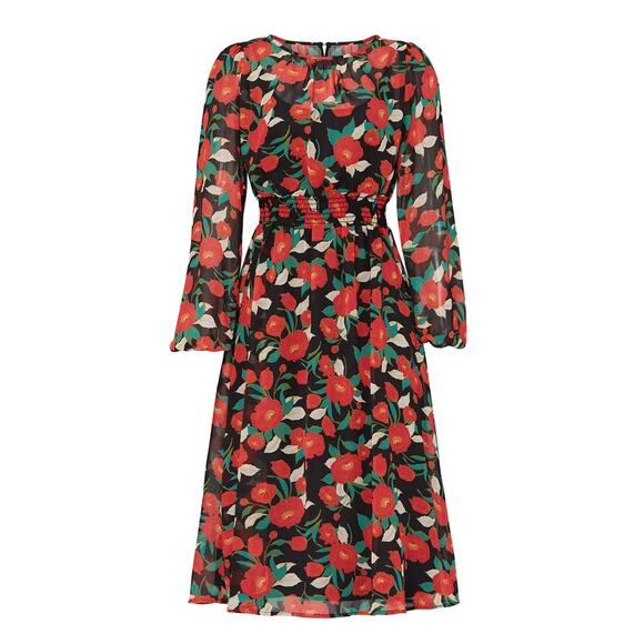 Louna Floral Crew Neck Midi Dress Black With Red Green Floral Long Sleeve S - Picture 1 of 8